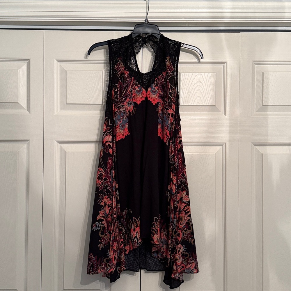 Free People dress, size s, rayon with lace trim, black w/multi colors